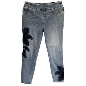 Chico's, Size 4 Regular, Blue Pull on Denim Joggers, Beaded Floral Applique
